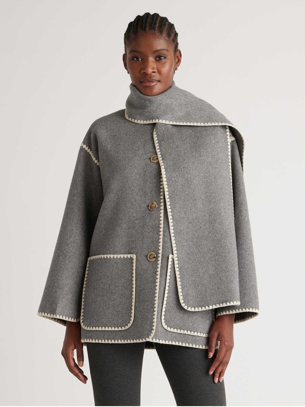 Marc New York Gray Wool Button Front Cape Jacket with Contrast Trim Large